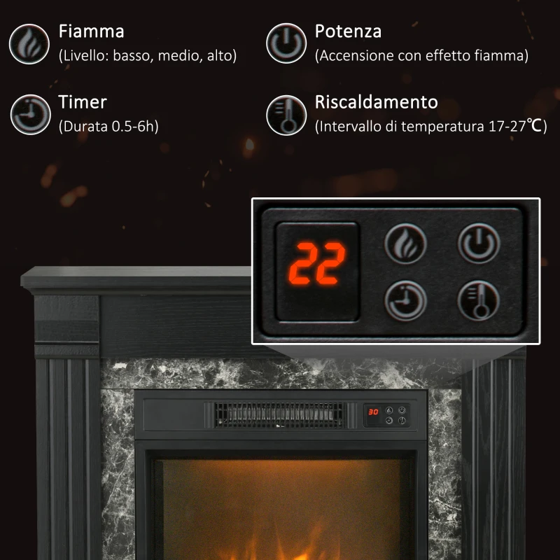 HOMCOM Camino Elettrico da Incasso a Terra con Timer, Fiamma e Temperatura Regolabile, 80x21.6x67.8 cm, Nero