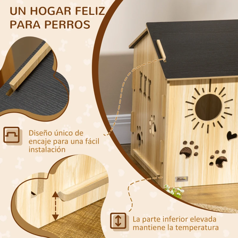 PawHut Caseta de Madera para Perros Pequeños Caseta de Interior para Mascotas con Grabados de Formas 69x50x58,5 cm Roble