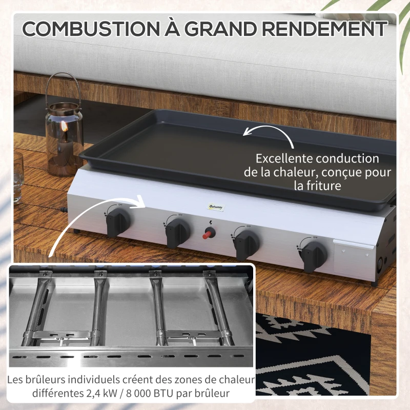 Outsunny Plancha gaz en acier inox émaillé 4 brûleurs 9,6 kW antiadhésive grande surface de cuisson 73L x 34l cm, transportable