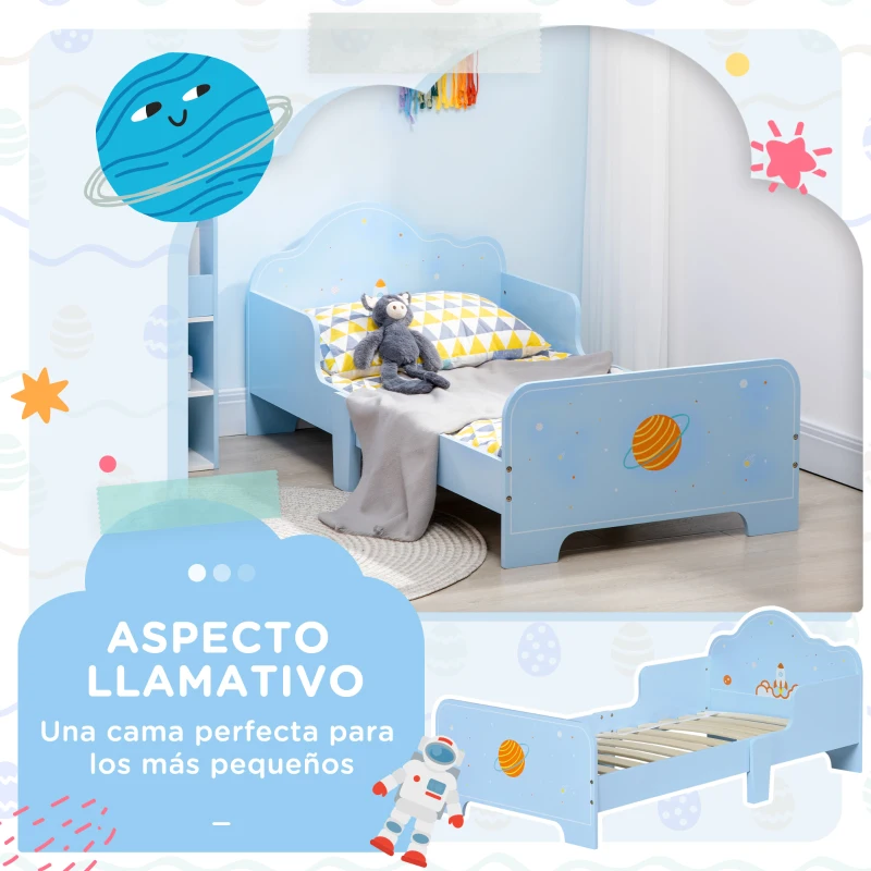 ZONEKIZ Cama Infantil para Niños de 3-6 Años Cama de Madera con Laterales de Protección Carga Máx. 80kg 143x74x59cm Azul