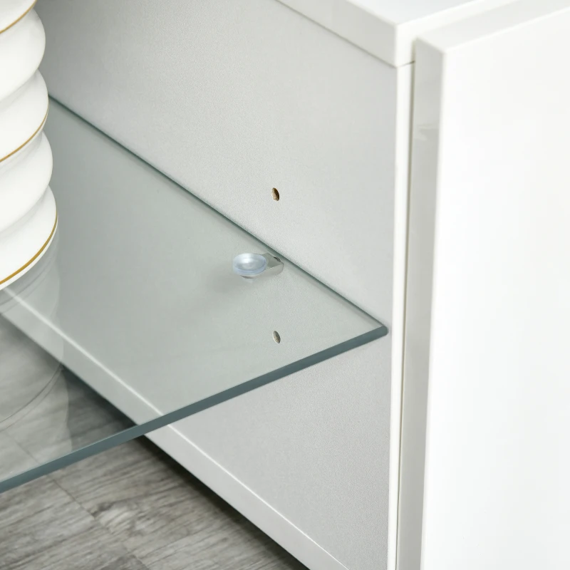 HOMCOM Mueble de TV Moderno Mesa para TV de Salón para Televisión con Luces LED con Mando a Distancia Estantes de Cristal Ajustables y Cajón 130x35x45 cm Blanco Brillante