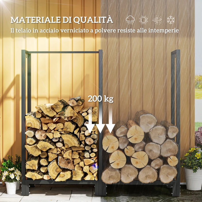 Outsunny Portalegna per Camino a 2 Sezioni in Acciaio con 6 Gambe e 3 Anelli, 123x32x115 cm, Nero