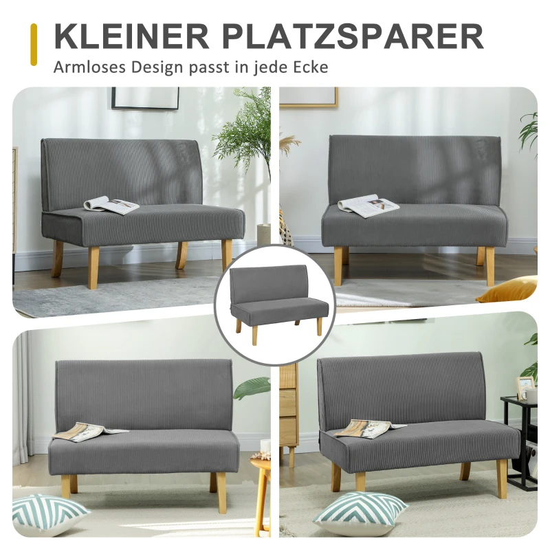 HOMCOM Zweisitzer-Sofa mit Cord-Bezug, dicker Polsterung und soliden Holzbeinen für Wohnzimmer, Schlafzimmer, Büro, Grau(m-7)