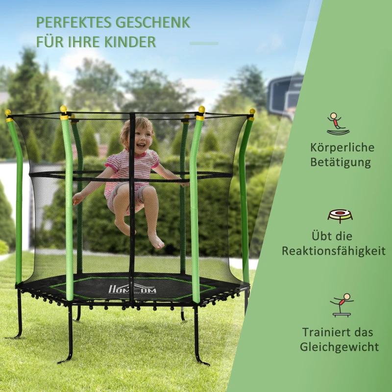 HOMCOM Kindertrampolin, mit Sicherheitsnetz, Randabdeckung, Stahlrahmen, bis 50 kg, 3-10 Jahre, grün, Ø163,5 x 163 cm
