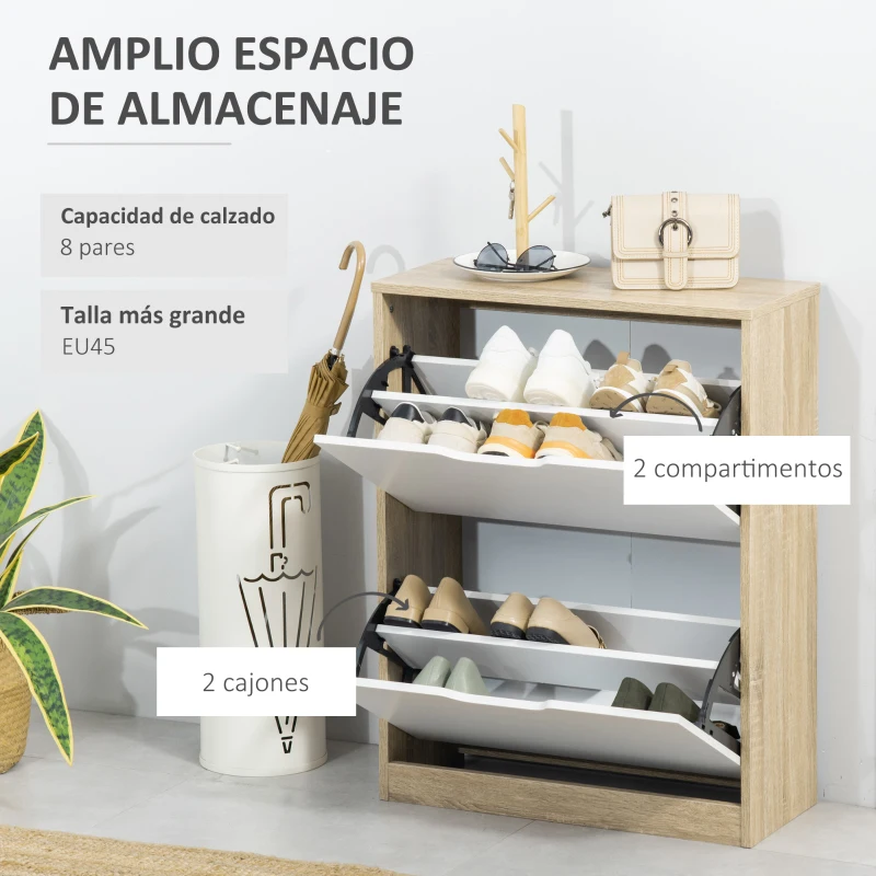 HOMCOM Armario de Zapatos Zapatero de Madera con 2 Puertas Abatibles 4 Estantes para 8 Pares 62,5x26x81 cm Blanco y Natural