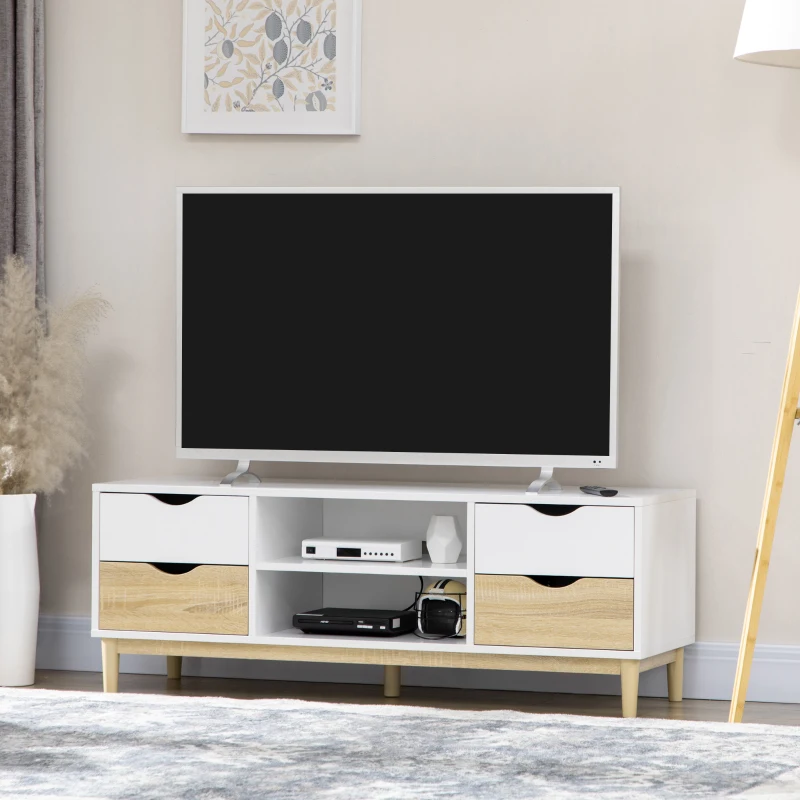 HOMCOM Mueble TV de Salón Mesa para Televisores de hasta 55" con Estantes y 4 Cajones 120x40x44,5 cm Blanco y Roble