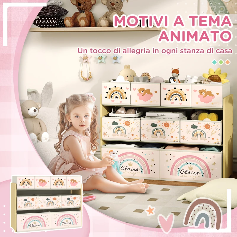 AIYAPLAY Mobile Portagiochi per Bambini a 3 Livelli con 9 Contenitori in Tessuto, 93x30x70 cm, Giallo