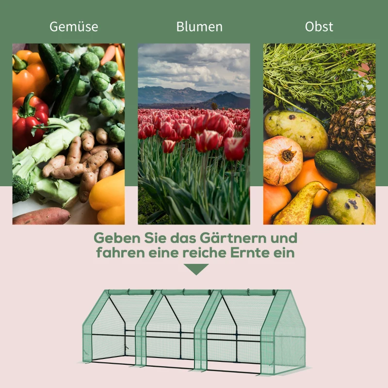 Outsunny Gewächshaus mit 3 Rollfenster, PE-Gitterfolie, Foliengewächshaus aus Stahl, Treibhaus für Balkon, Garten, Tomatenhaus 270x90x90cm, Tomatengewächshaus für Gemüse, Blumen, Pflanzen, Grün