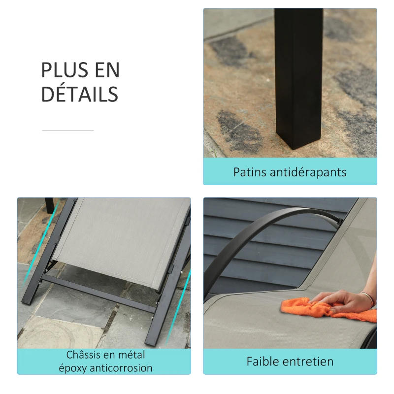 Outsunny Lot de 2 bains de soleil design contemporain table basse plateau verre trempé métal époxy textilène gris