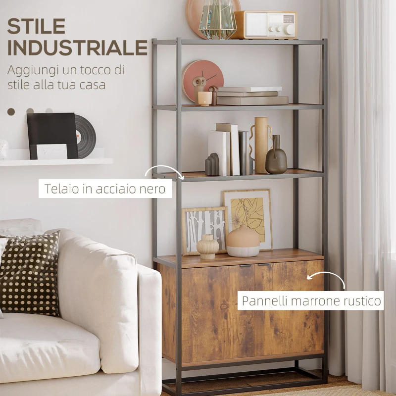 HOMCOM Scaffale Libreria in Stile Vintage con 3 Ripiani, 1 Armadietto in Legno e Telaio in Metallo Nero 76x33x162.5cm