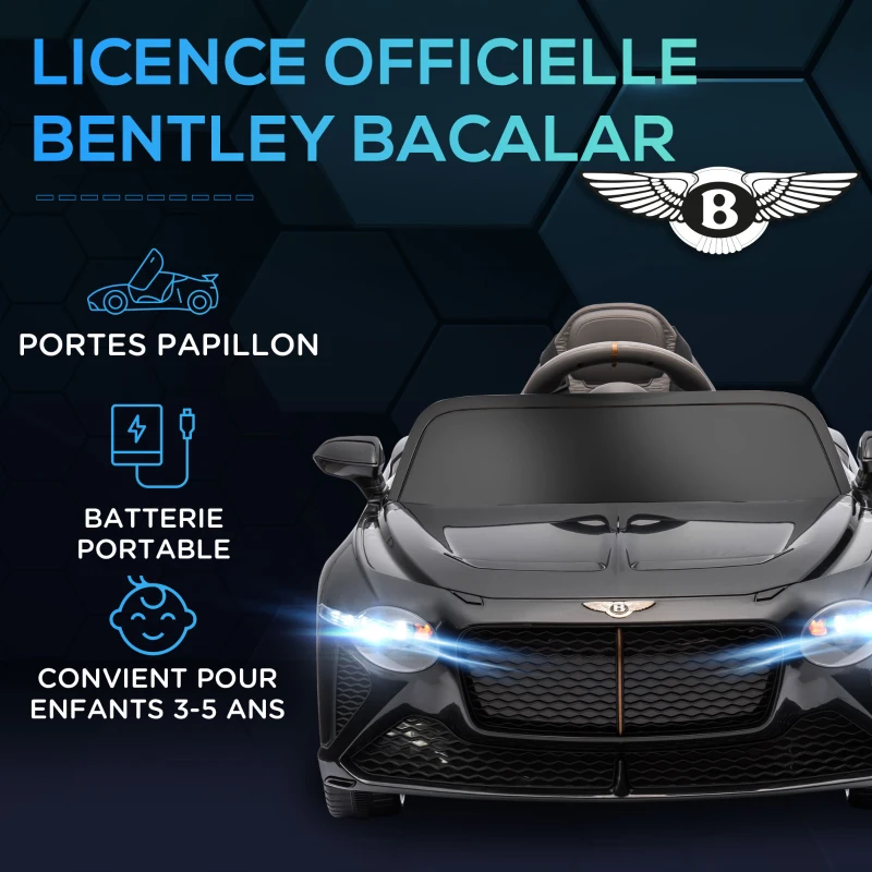 HOMCOM Voiture électrique pour enfant de 3 à 5 ans 2 moteurs 12V 25W 3-5 Km/h télécommande 2,4G Bentley Bacalar noir