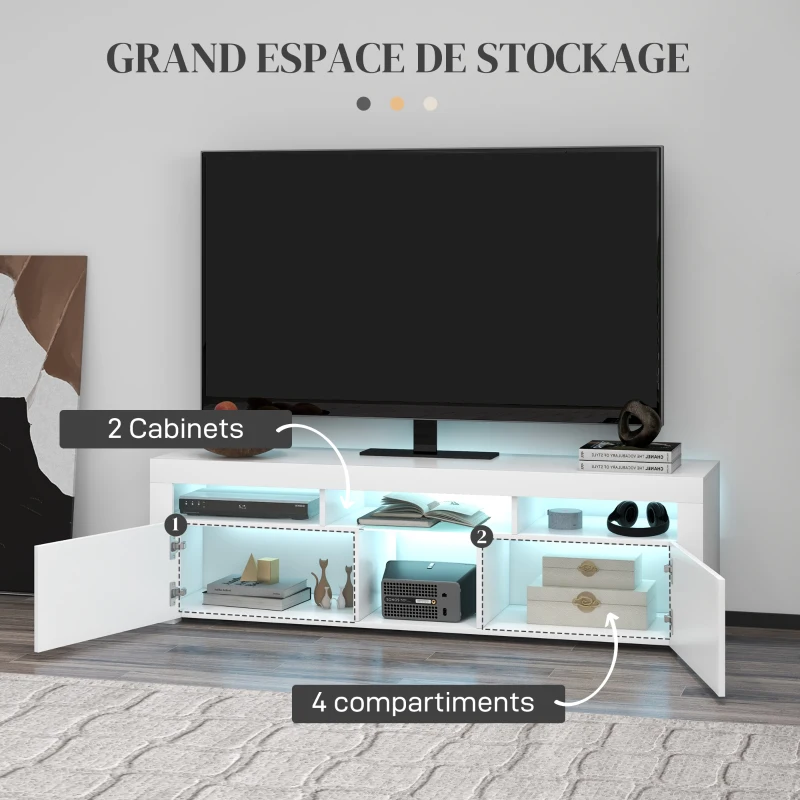 HOMCOM Meuble banc TV, meuble de télévision, jusqu'à 55 pouces, avec LED, étagères et placards, 150 x 38 x 45 cm, blanc laqué