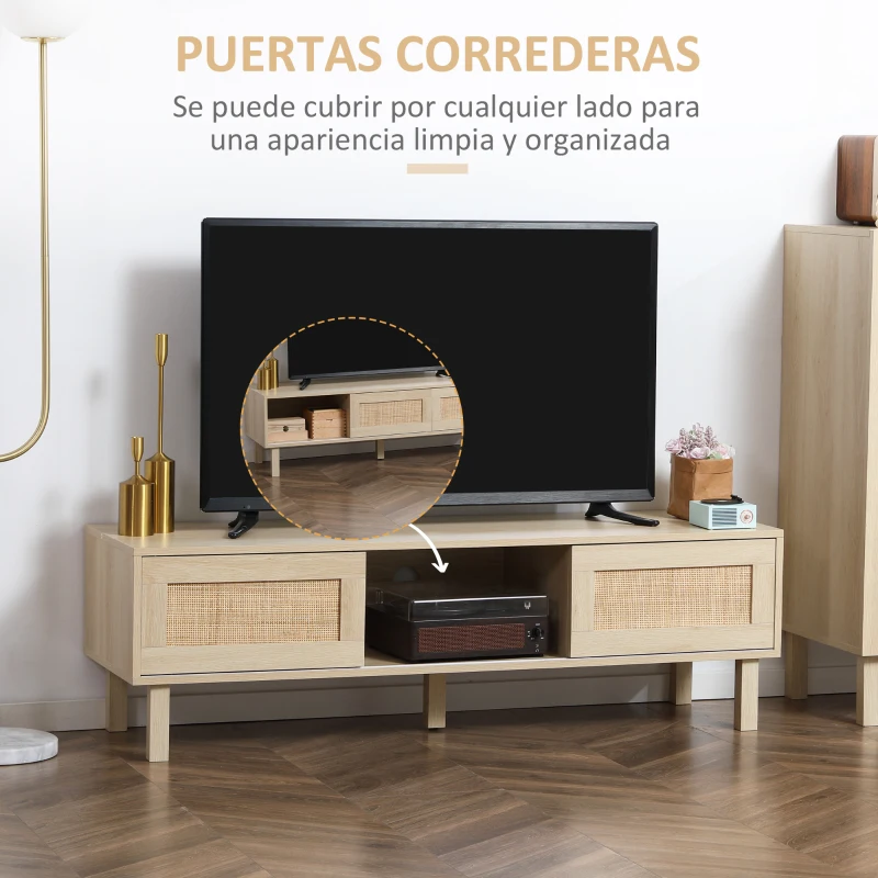 HOMCOM Mueble de TV para Televisores de hasta 60 Pulgadas con Puertas Correderas de Rejilla 135x39x41 cm Natural