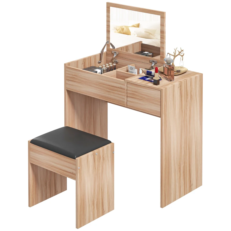 HOMCOM Tocador de Maquillaje con Taburete Mesa de Maquillaje con Espejo Tapa Abatible y Cajas 80x40x79 cm y 40x30x40 cm