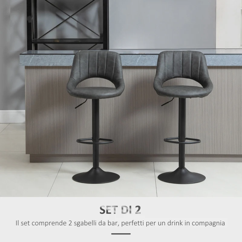 HOMCOM Set 2 Sgabelli da Bar Girevoli con Schienale e Poggiapiedi, Sgabelli Alti Moderni con Altezza Regolabile Base in Metallo Seduta Finta Pelle Grigia, 47x52x87-109cm