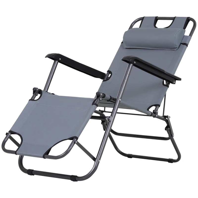 Outsunny Tumbona Reclinable y Plegable con Respaldo Ajustable en 2 Niveles Reposacabezas y Bolsillo Carga 136 kg 118x60x80cm Gris