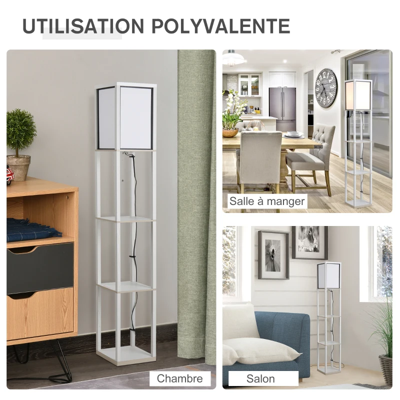 HOMCOM Lampadaire étagère 26L x 26l x 160H cm 3 étagères 4 Niveaux MDF Blanc