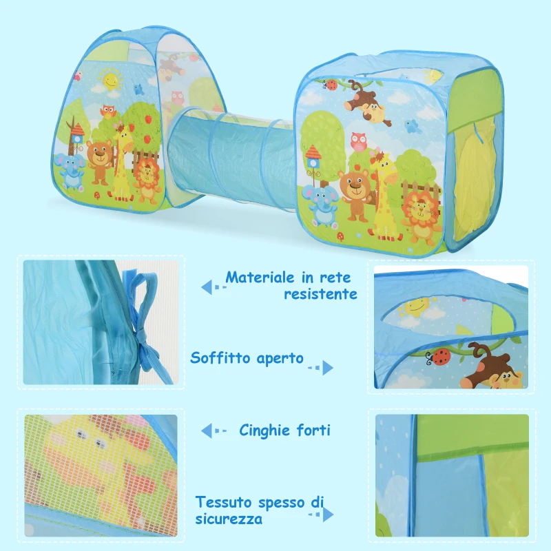 HOMCOM Tenda Gioco Colorata per Bambini 3 in 1 con Tunnel, con Sistema Pieghevole Pop-up (230cm x 74cm x 93cm)