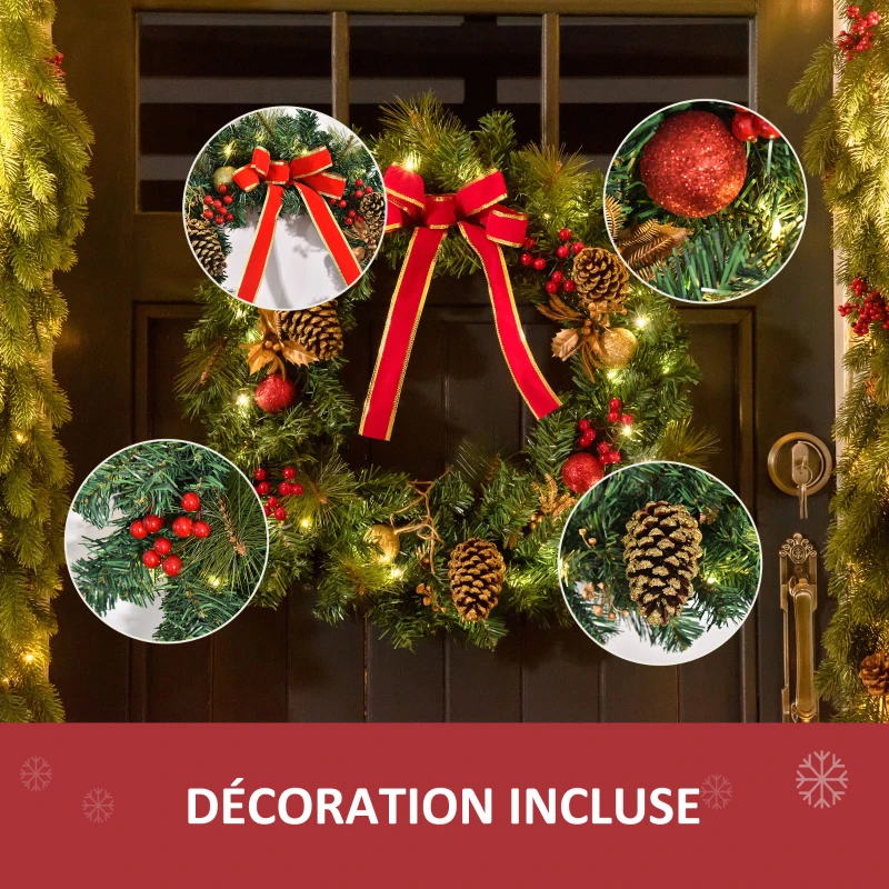 HOMCOM Couronne de Noël artificielle lumineuse avec 20 LED de 60 cm - décorée de houx et de pommes de pin
