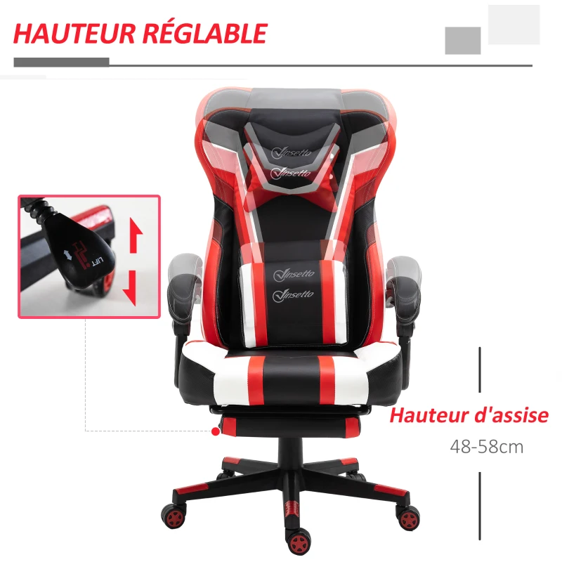 Vinsetto Fauteuil de bureau gaming massant - pivotant, inclinable, réglable - coussin lombaire, tétière, repose-pieds inclus - PVC rouge blanc noir