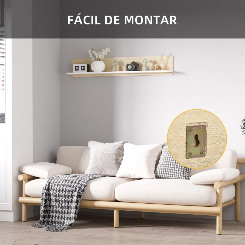 HOMCOM Estante Flotante de Madera Balda de Pared para Salón Dormitorio Pasillo Cocina Baño 120x15x20 cm Roble y Blanco