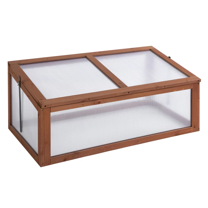 Outsunny Wooden Cold Frame, Small Polycarbonate Greenhouse for Plants with Openable & Tilted Top Cover, Brown, 100 x 65 x 40cm