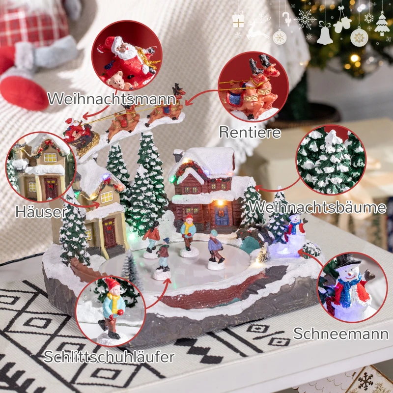 HOMCOM Weihnachtsdeko, Weihnachtsdorf, 13 bunte LEDs, bewegliche Schlittschuhläufer, 30 x 24,5 x 23cm