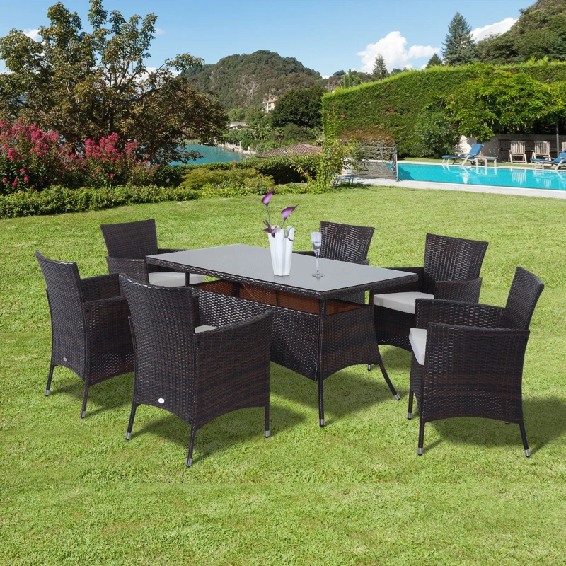 Outsunny 7 tlg. Polyrattan Gartenmöbel Rattan Gartenset Sitzgruppe Garnitur Essgruppe inkl. Kissen 6 Personen Braun+Creamweiß 150 x 80 x 74 cm