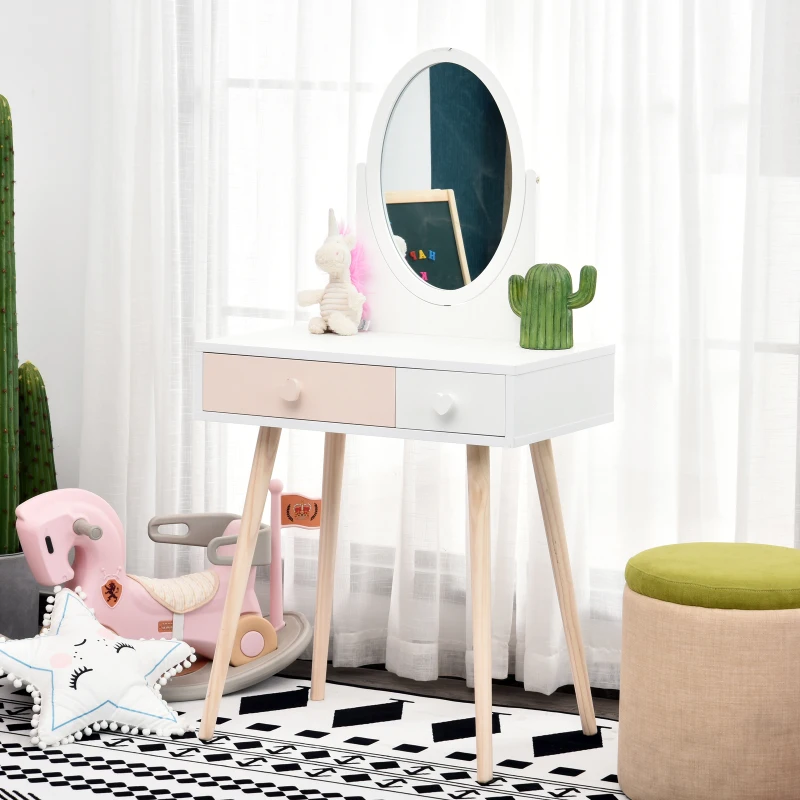 HOMCOM Coiffeuse Enfant Design scandinave Table de Maquillage Multi-rangements Miroir dim. 69L x 49l x 136H cm pin et MDF Blanc