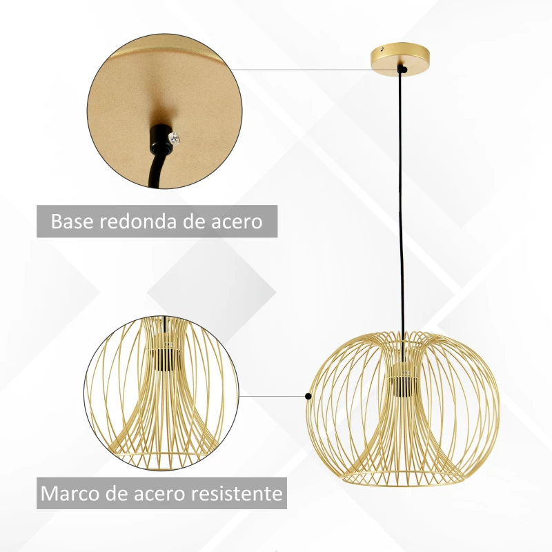 HOMCOM Lámpara Colgante Moderna con Casquillo E27 Máx. 40W y Cuerda Ajustable Lámpara de Suspensión de Metal para Comedor Dormitorio Salón Ø37x150 cm Dorado