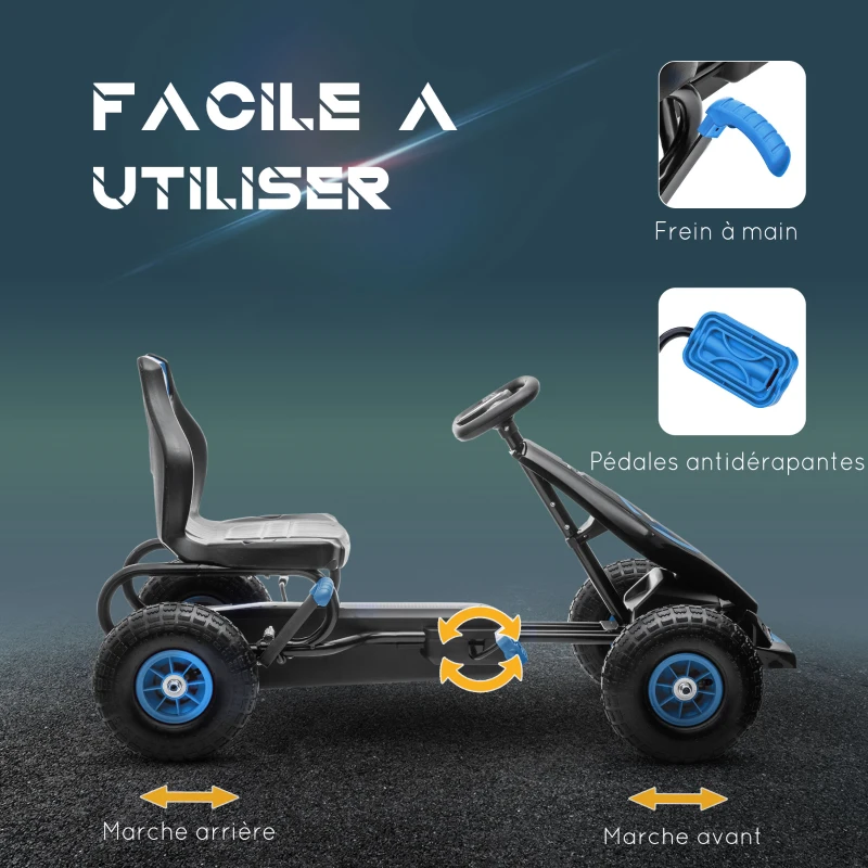 HOMCOM Kart à pédales pour enfant siège réglable 3 positions frein à main enfant de 5 à 12 ans bleu noir