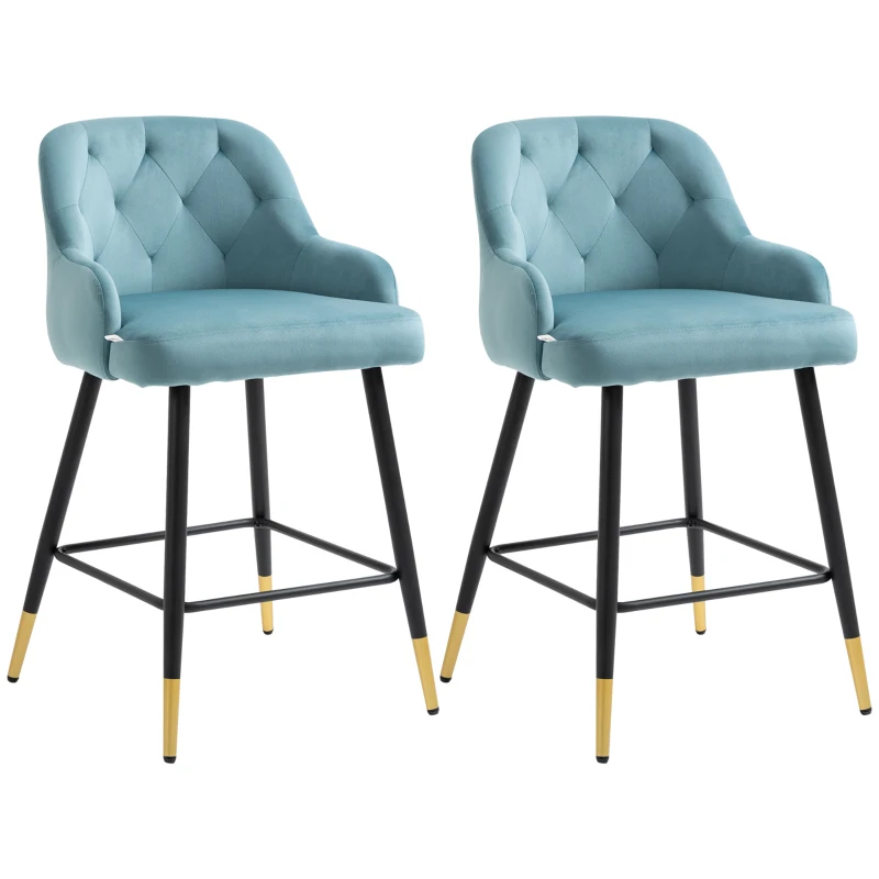 HOMCOM Lot de 2 tabourets de bar chaises hautes capitonnées aspect velours, pieds métal noir et doré avec repose-pieds, accoudoirs hauteur 61 cm - bleu