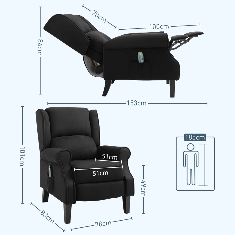 HOMCOM Sillón de Masaje Reclinable con Mando a Distancia 2 Zonas de Masaje y Tapizado en Tejido de Ante 78x83x101 cm Negro