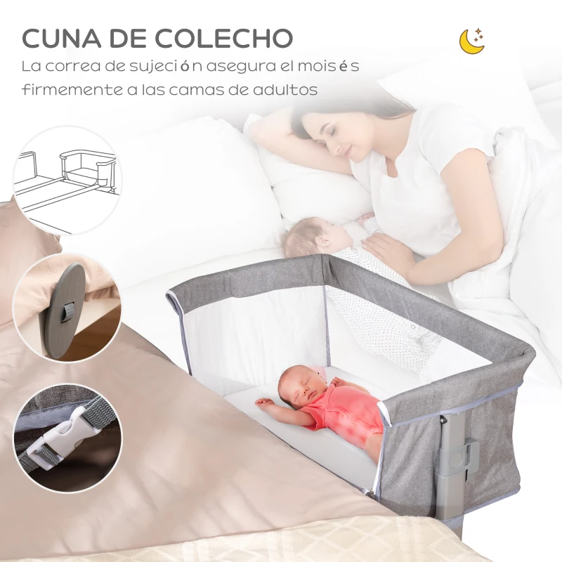HOMCOM Cuna de Bebé 2 en 1 Cuna de Viaje Plegable con Altura y Patas Ajustables de 5 Niveles Convertible en Cama Bolsa de Transporte Hasta 9 kg 86x50x83 cm Gris