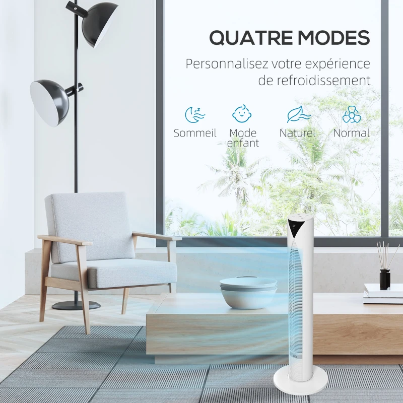 HOMCOM Ventilateur tour avec télécommande minuterie 12 heures mode veille 3 vitesses 31,5 x 31,5 x 96 cm blanc