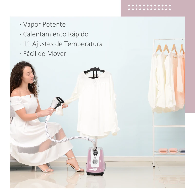HOMCOM Plancha Vertical 1800W 1,4 L con Temperatura Ajustable en 11 Niveles y Barra Telescópica para Hogar Oficina Rosa
