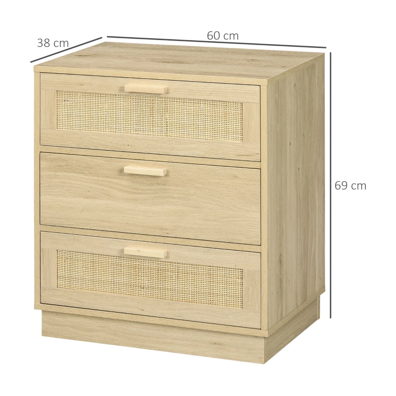 HOMCOM Cómoda con 3 Cajones de Rejilla de Ratán Cajonera de Madera para Dormitorio Estilo Cannage Bohemio 60x38x69 cm Natural(m-3)