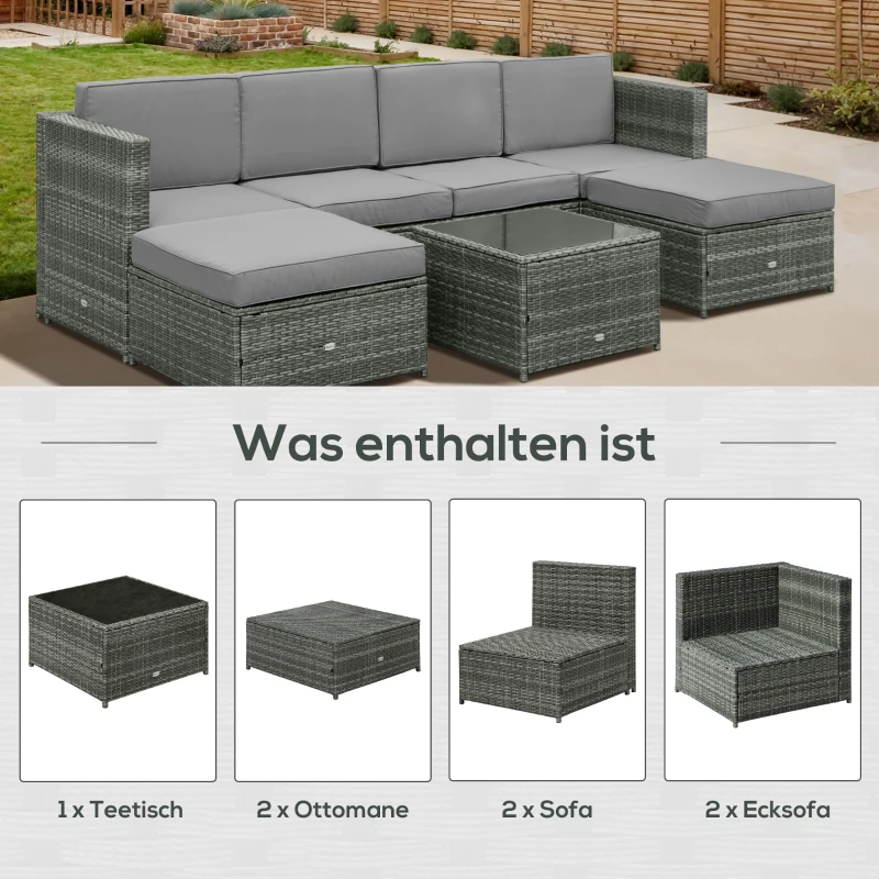 Outsunny 7-tlg. Polyrattan Gartengarnitur Gartenmöbel Garten-Set Sitzgruppe Loungeset Loungemöbel inkl. Fußhocker Sitzkissen Grau Stahl + Polyester 58 x 58 x 37 cm