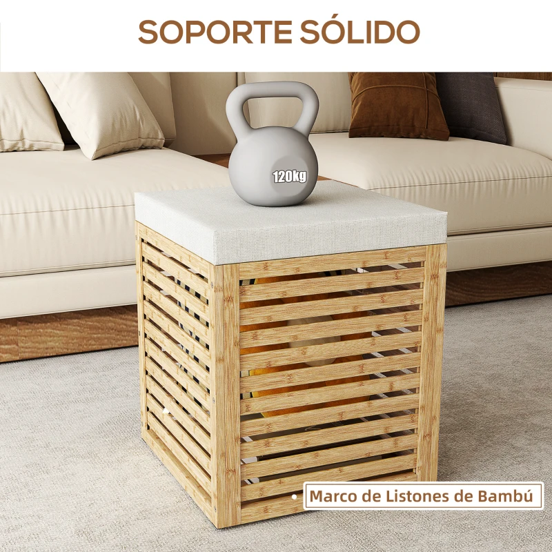 HOMCOM Baúl de Almacenaje para Dormitorio 54,7L con Asiento Desmontable Marco de Bambú 40x40x47 cm Gris y Natural