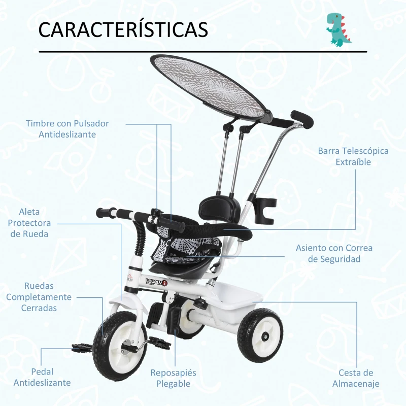 HOMCOM Triciclo para Bebés 6 en 1 Triciclo Evolutivo para Niños de +18 Meses con Toldo Plegable Mango de Empuje Telescópico y Desmontable Asiento Ajustable Cesto y Portabotellas Blanco
