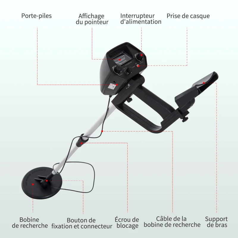 Outsunny Détecteur de métaux sensibilité et Volume Ajustable avec Bobine étanche, Manche réglable ABS Aluminium dim. 77,5-105L x 13l x 24H cm Noir