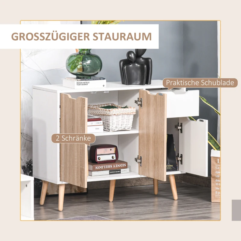 HOMCOM Sideboard mit Schrank und Schubladen Kommode Nachttisch Beistellschrank im skandinavischen Design viel Stauraum MDF Spanplatte Weiß+Natur 90 x 30 x 72 cm