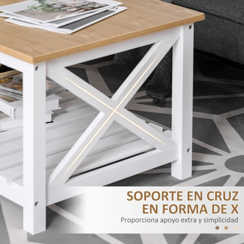 HOMCOM Mesa de Centro para Salón Mesa de Café con Estante de Almacenamiento Inferior para Dormitorio 116x60x48 cm Natural y Blanco