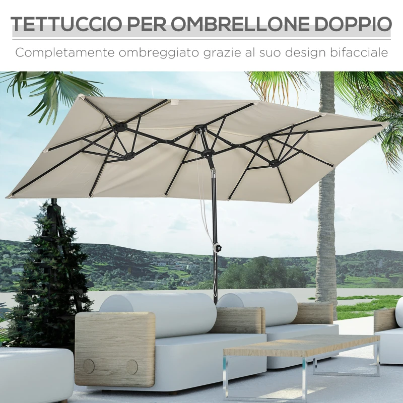 Outsunny Ombrellone Doppio Inclinabile e Regolabile con Cordicella, in Poliestere e Metallo, 150x295x170-214 cm, Crema