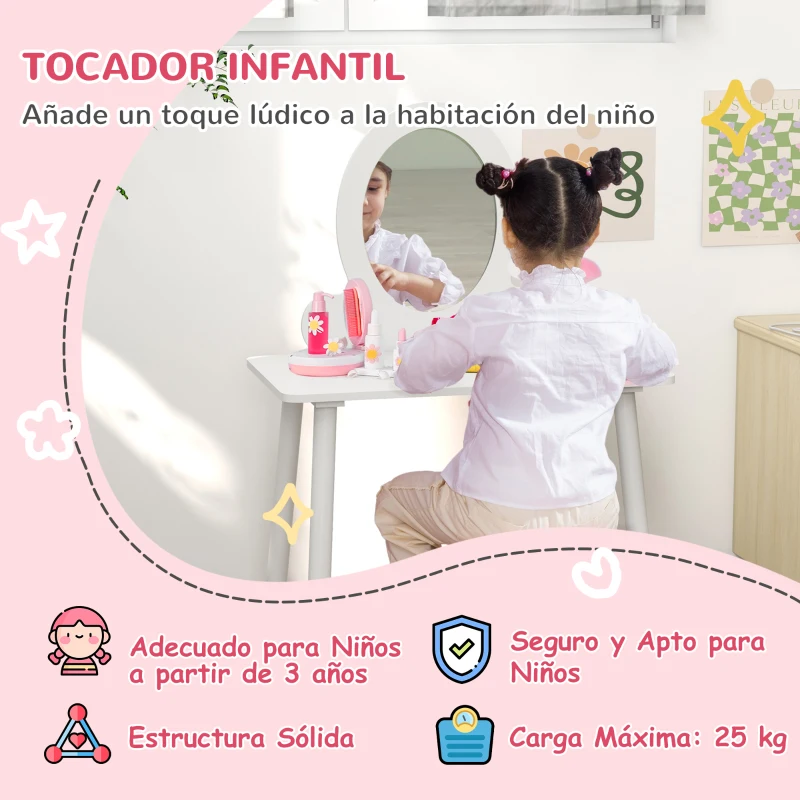AIYAPLAY Tocador de Maquillaje para Niñas de +3 Años Tocador Infantil con Taburete y Espejo Diseño Sencillo Blanco