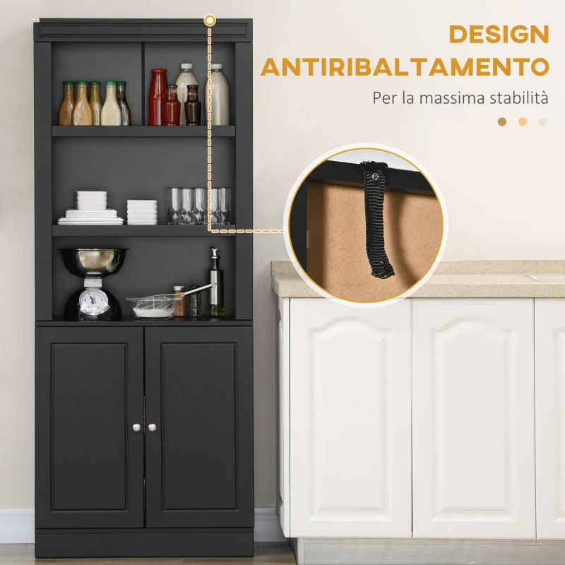 HOMCOM Credenza Cucina in Legno con Ripiani e Armadietto 2 Ante con Mensole Regolabili, 74.6x35.5x182.5cm