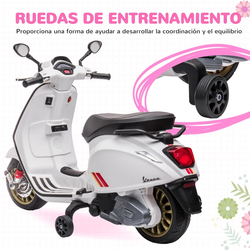 AIYAPLAY Moto Eléctrica para Niños de +3 Años con Licencia Vespa con USB MP3 Luz LED Radio FM Velocidad 3 km/h Carga 35kg Blanco