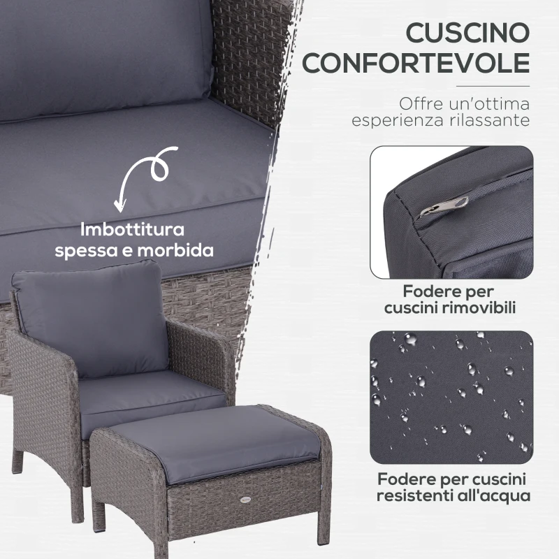 Outsunny Set Mobili da Giardino 2 Poltrone 2 Poggiapiedi 1 Tavolino in Vetro Temperato Rattan Grigio