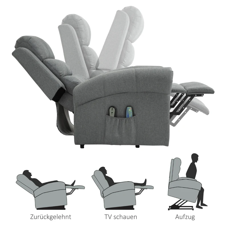 HOMCOM elektrischer Aufstehsessel Massagesessel mit Wärmefunktion Sessel mit Aufstehhilfe relaxsessel mit Fernbedienung Leinen Grau 90 x 91 x 106 cm