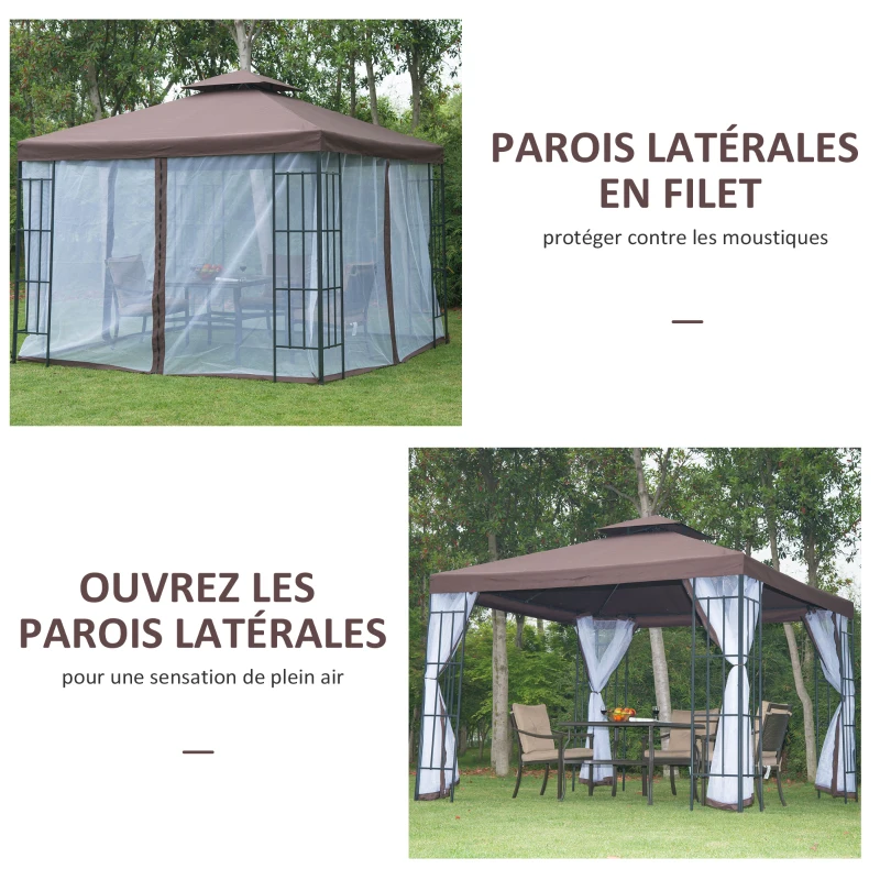 Outsunny Tonnlle de jardin barnum pavillion de jardin 3 x 3 double toit avec moustiquaires amovibles imperméable chocolat